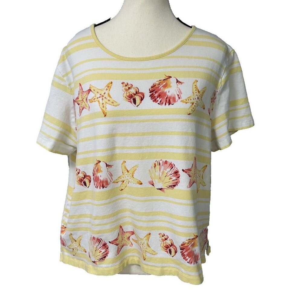 Alfred Dunner Women's Shirt PXL Yellow White Stripe Beach Shells Bling B46
